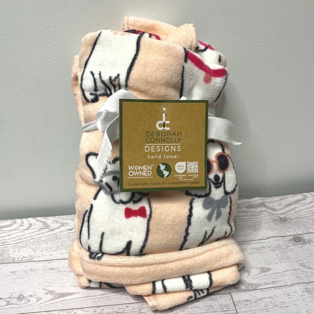 Deborah Connolly Designs Dog Print Hand Towel Peach Lyocell Cotton Blend NEW